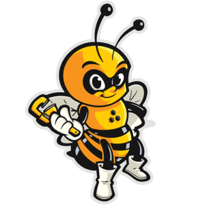 A bold and determined Honey Bee Plumbing mascot—an aggressive yet cute honey bee wearing white boots and gloves, a mask over its eyes, and holding a pipe wrench in its right hand.