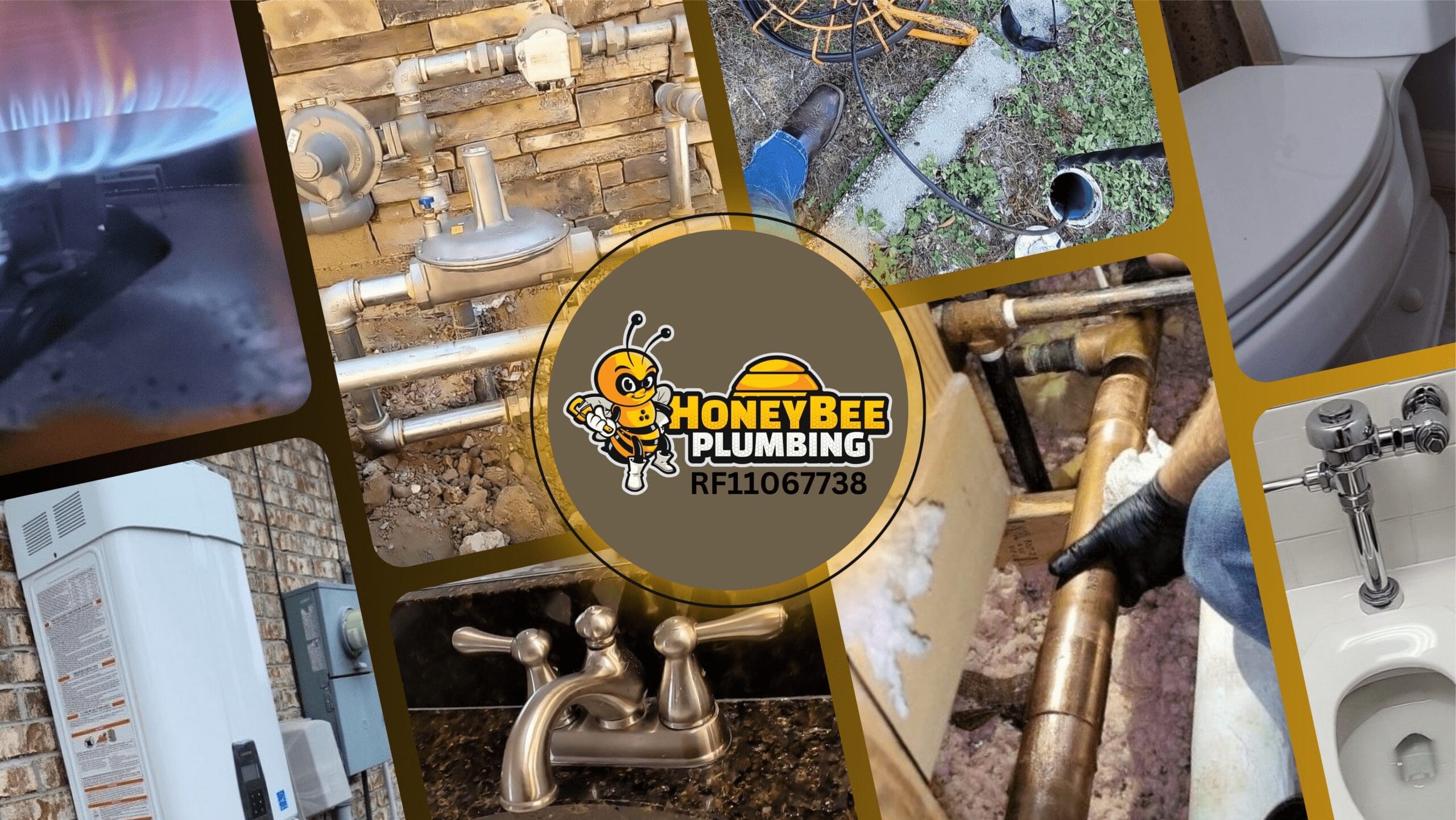 The Honey Bee Plumbing Experience. Collage of Honey Bee Plumbing services behind company logo.