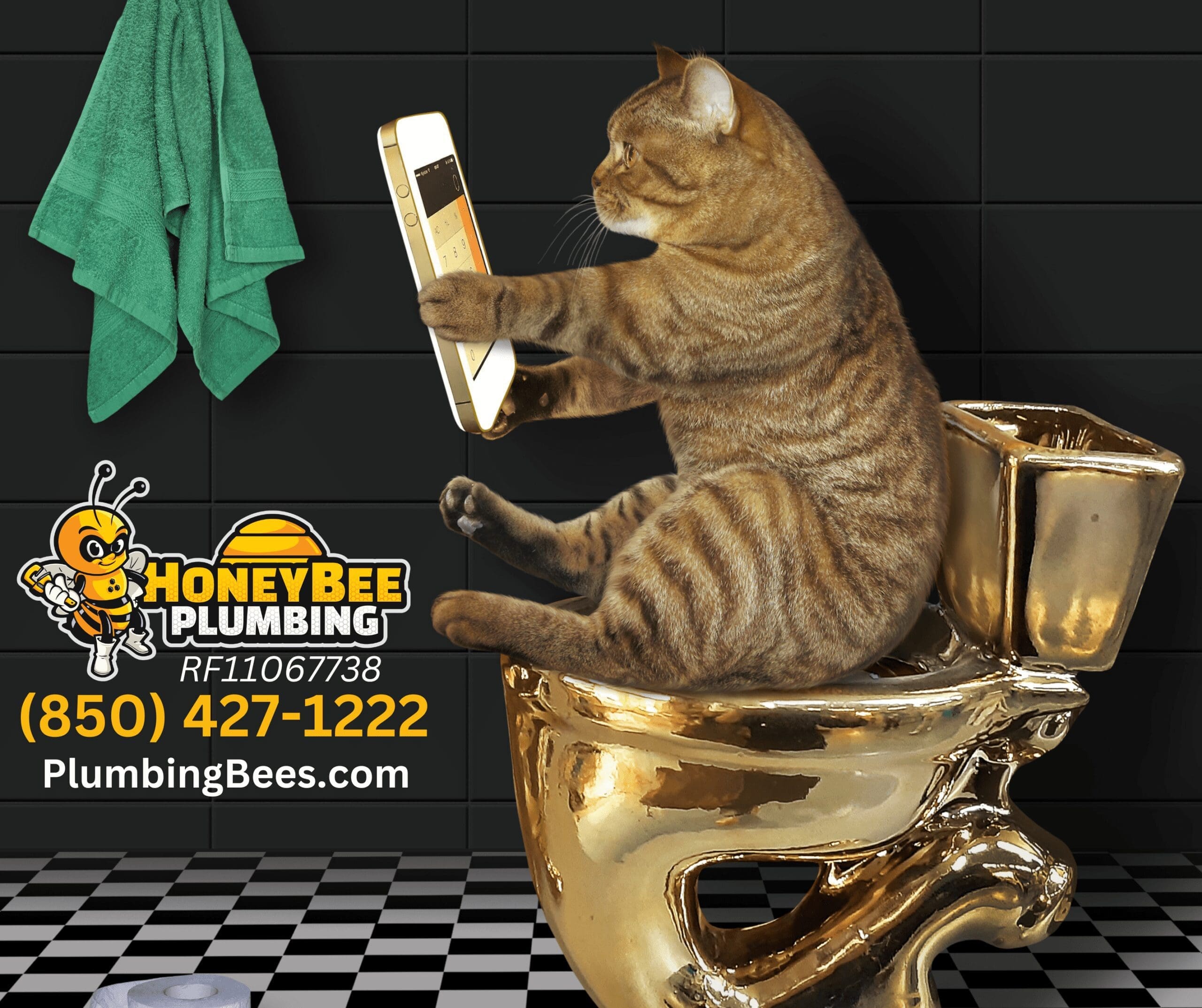 Fun Times with Honey Bee Plumbing! - Honey Bee Plumbing A cat amusingly seated on a golden toilet, playing with an iPhone, next to a cute Honey Bee Plumbing superhero mascot, with contact information.