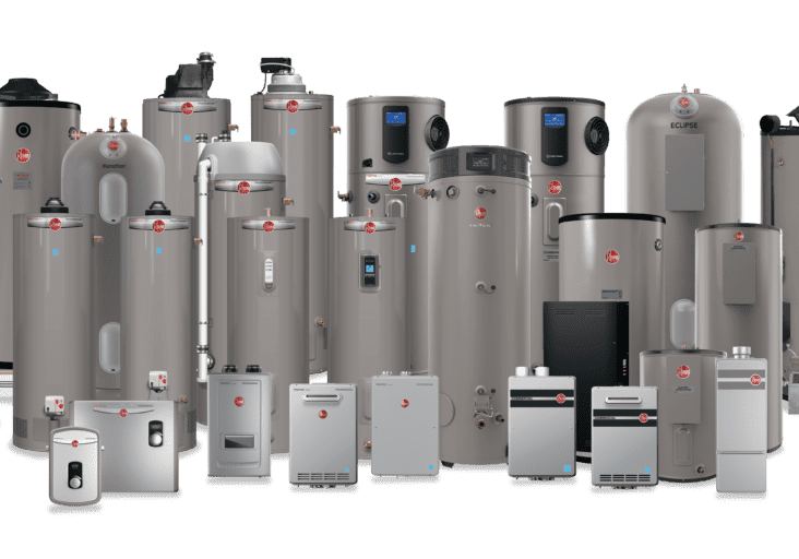 Various Rheem water heater models displayed together