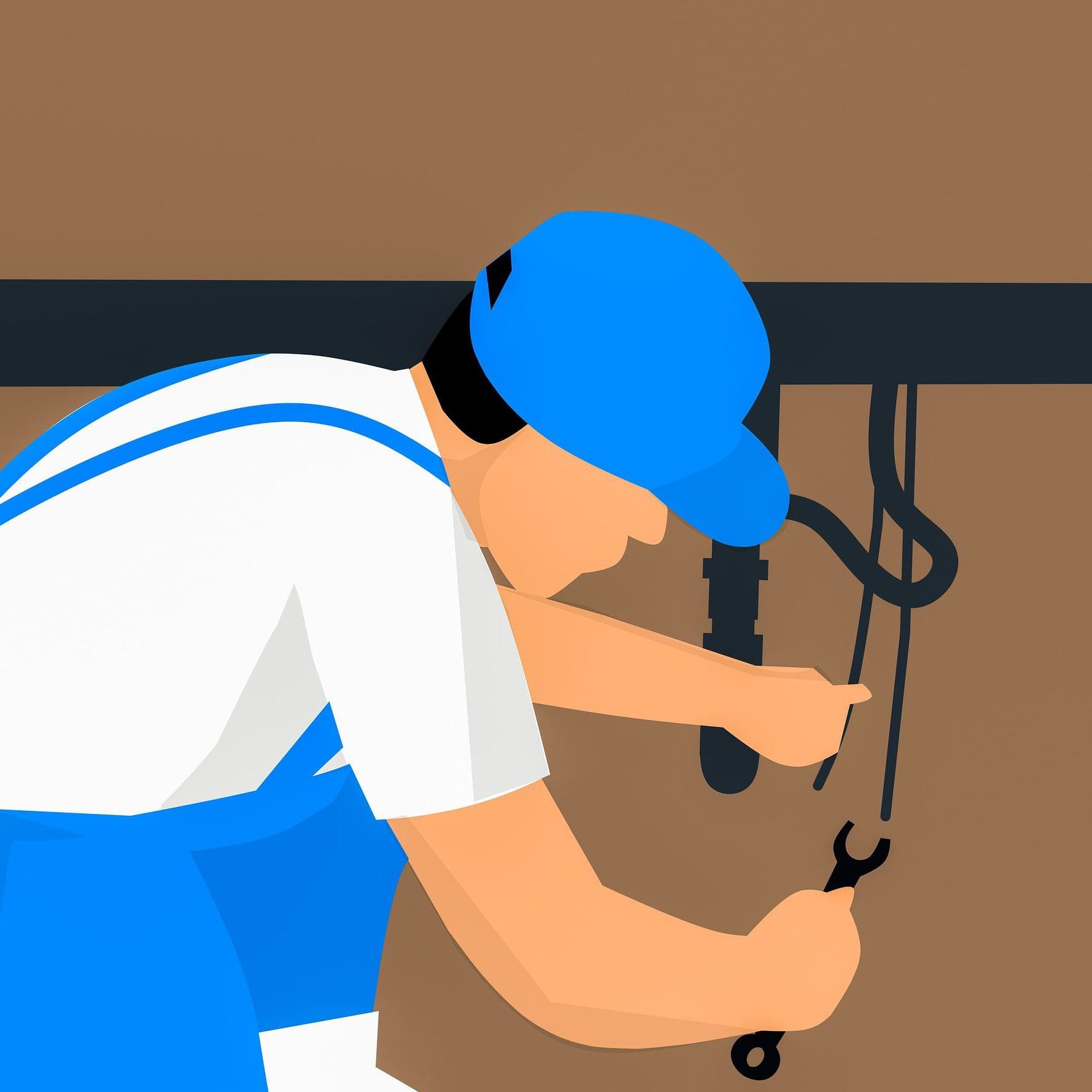 Illustration of a plumber working on pipes under a sink